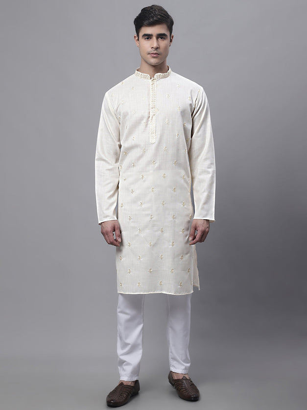 Men's White Embroidered Straight Kurta