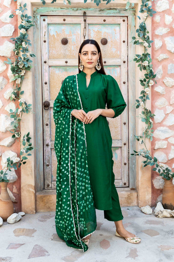 Preorder : Emerald Green silk suit with Bandhej Dupatta
