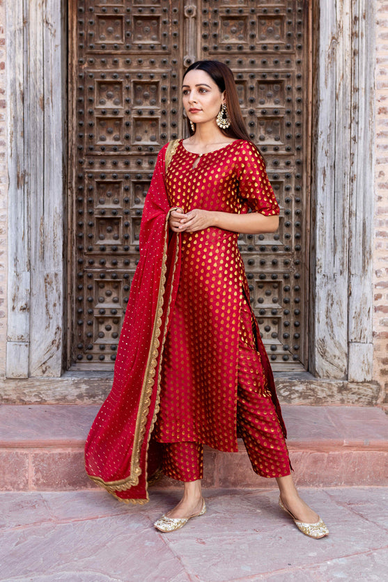 Preorder: Chili Red brocade Suit Set