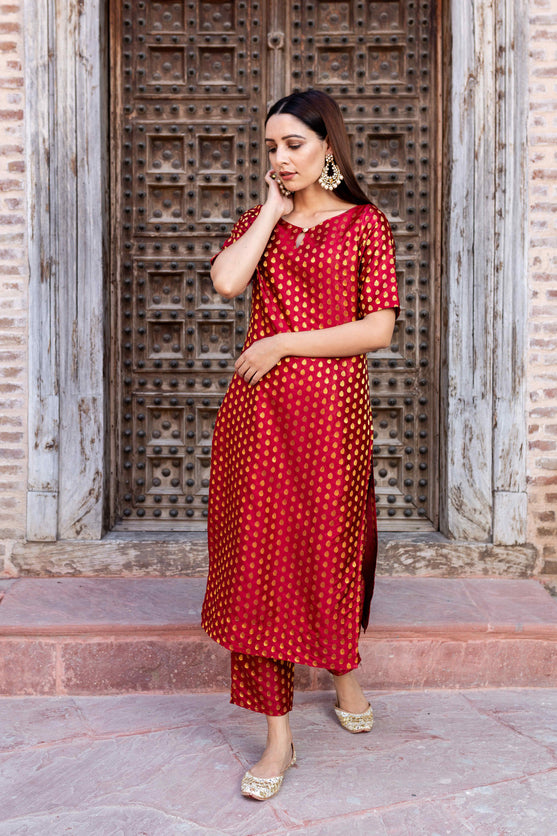 Preorder: Chili Red brocade Suit Set