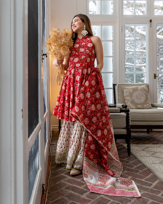 Red Handblock Sharara Set With Dupatta