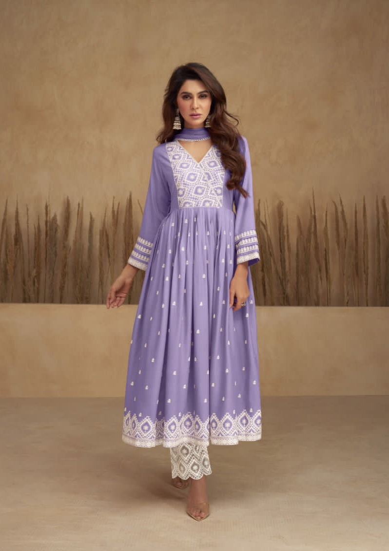 Lakhnawi  Embroidered Anarkali Suit Set - Pale Blue