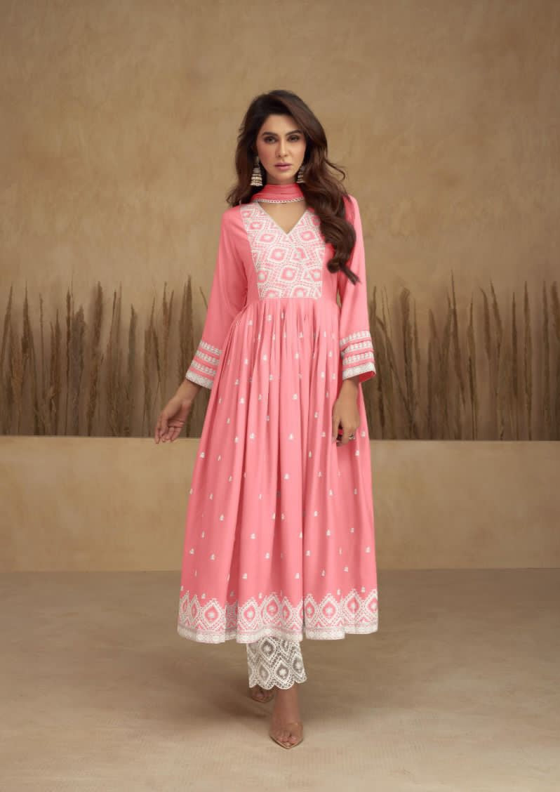 Lakhnawi  Embroidered Anarkali Suit Set - Pink