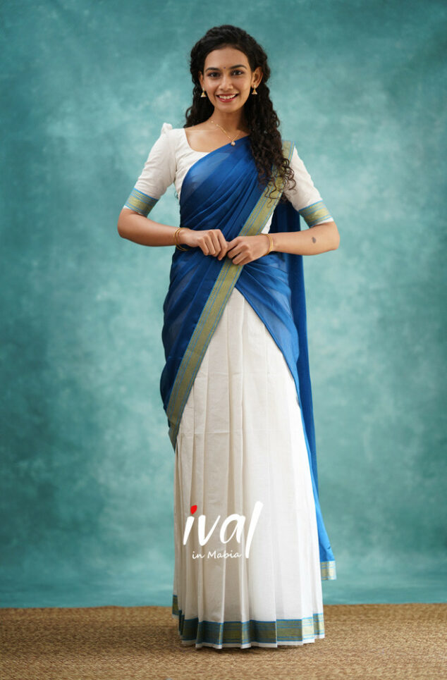 Preorder: Savarna - White And Deep Ocean Blue Cotton Halfsaree