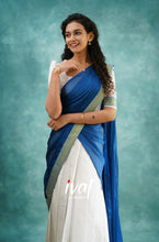 Load image into Gallery viewer, Preorder: Savarna - White And Deep Ocean Blue Cotton Halfsaree
