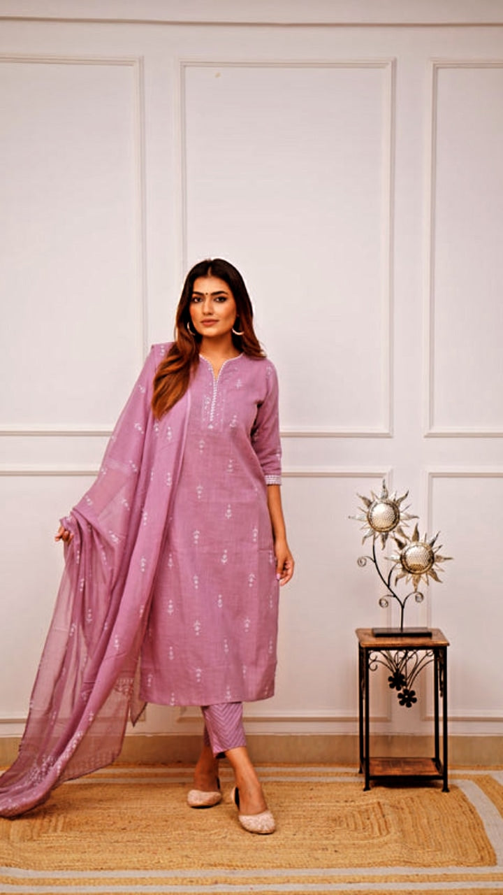 Dark Pinkish Lavender Kurta Pant Set With Dupatta