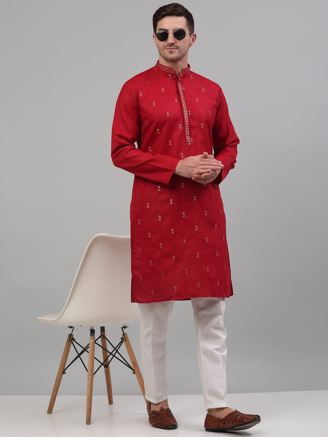 Men's Red Embroidered Straight Kurta Set With Pyjama