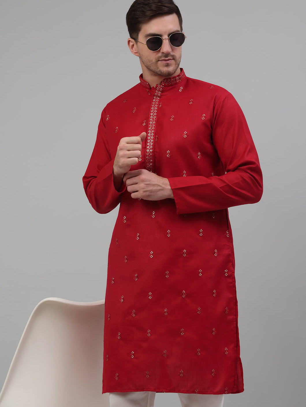 Men's Red Embroidered Straight Kurta