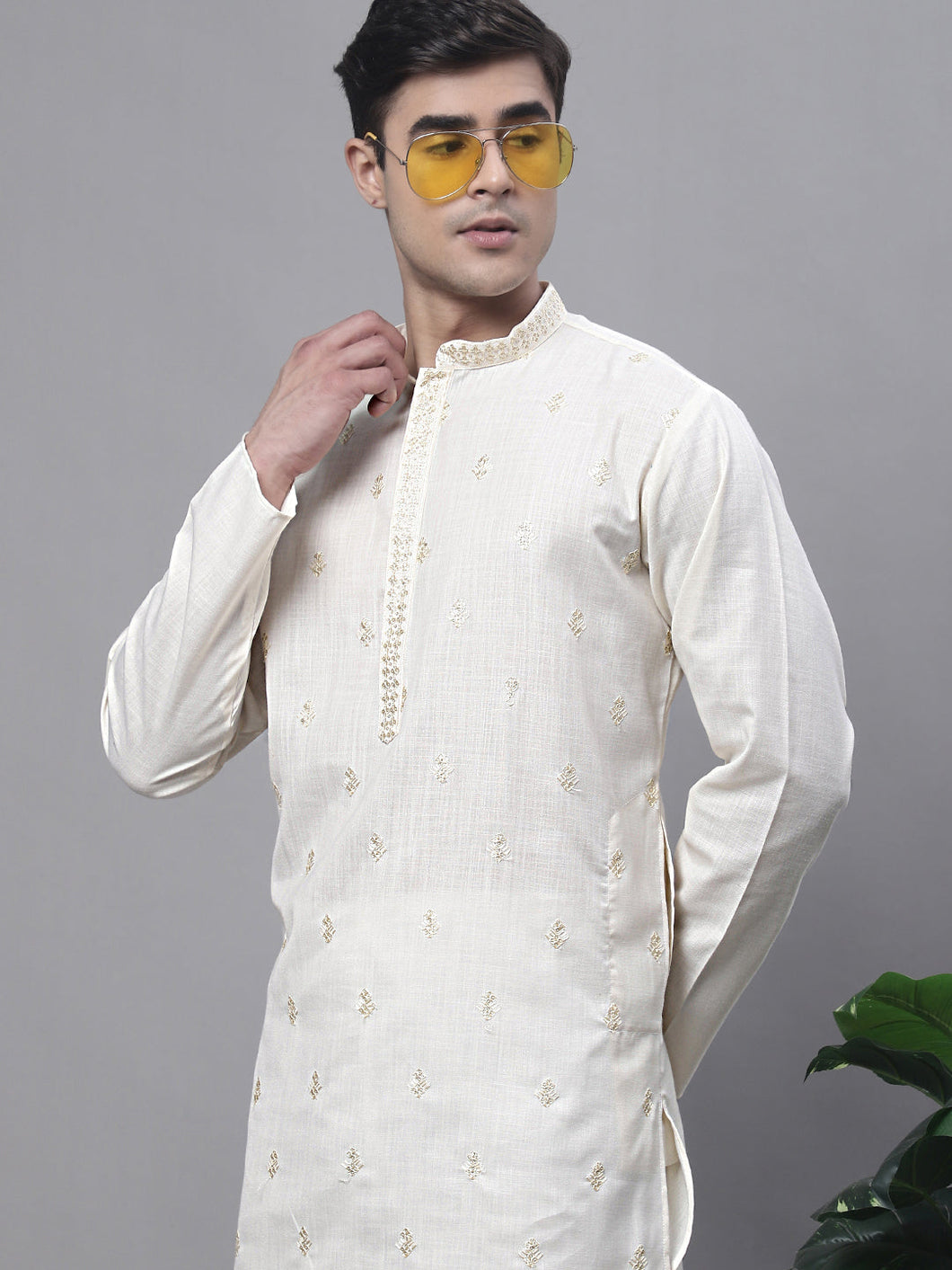 Men's White Embroidered Straight Kurta Set with Pyjamas