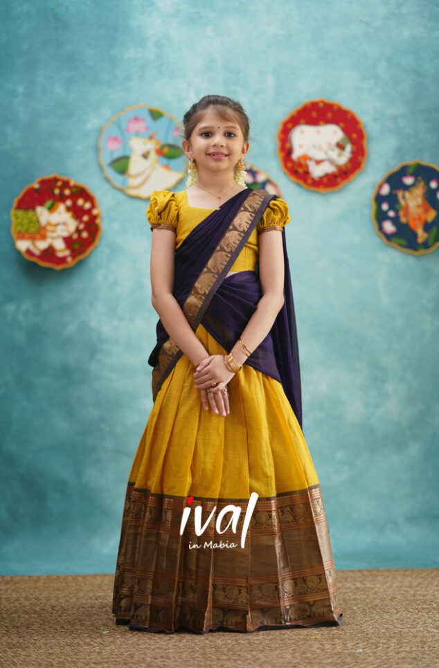 Preorder: Suttis - Yellow And Dark Purple Cotton Halfsaree