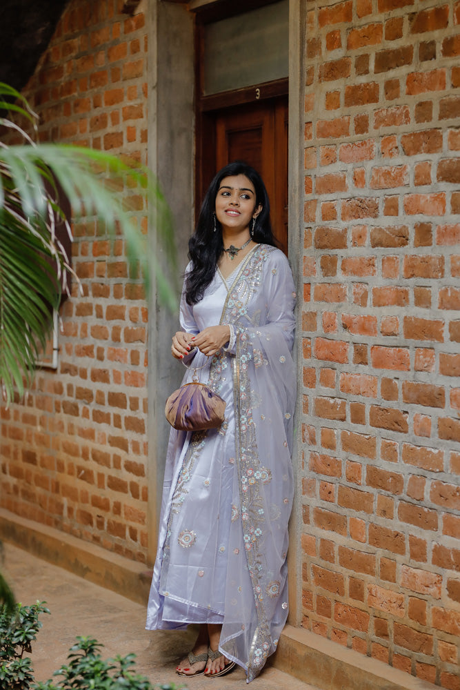 Lavendar Muslin Silk Dress With Net Dupatta