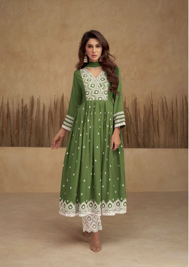 Lakhnawi  Embroidered Anarkali Suit Set -Green