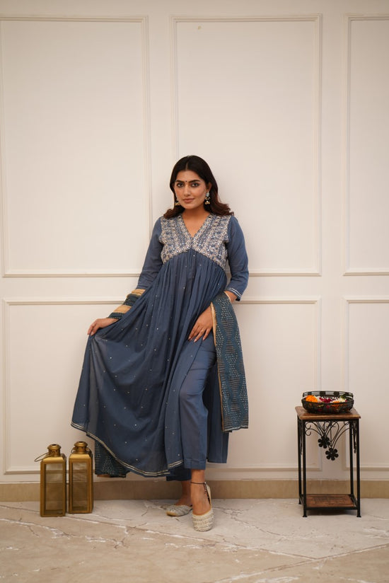 Grey Blue Alia Cut Suit Set