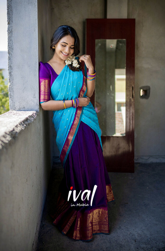 Preorder: Padmaja –Blueish Violet and Sky Blue Cotton Halfsaree