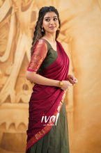 Load image into Gallery viewer, Preorder: Padmaja - Manthalir Green And Reddish Maroon Cotton Halfsaree

