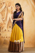 Load image into Gallery viewer, Preorder: Padmaja - Yellow And Dark Purple Cotton Halfsaree
