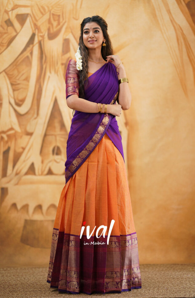 Preorder: Padmaja - Orange and Purple Cotton Halfsaree