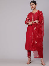 Load image into Gallery viewer, RED EMBROIDERED A-LINE KURTA PANT WITH DUPATTA
