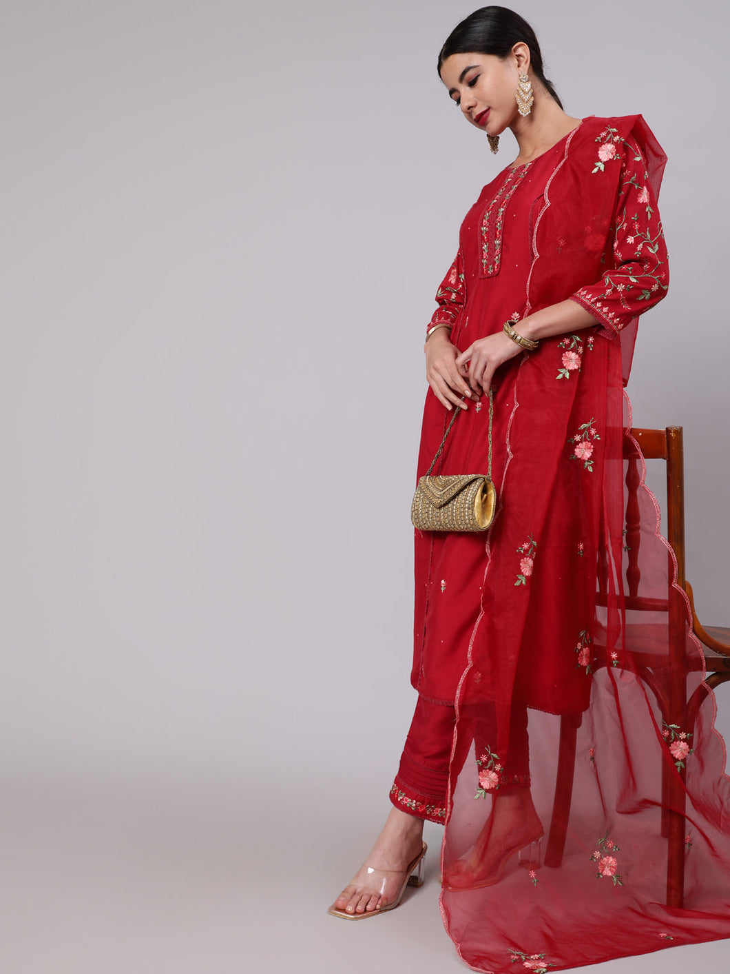 RED EMBROIDERED A-LINE KURTA PANT WITH DUPATTA