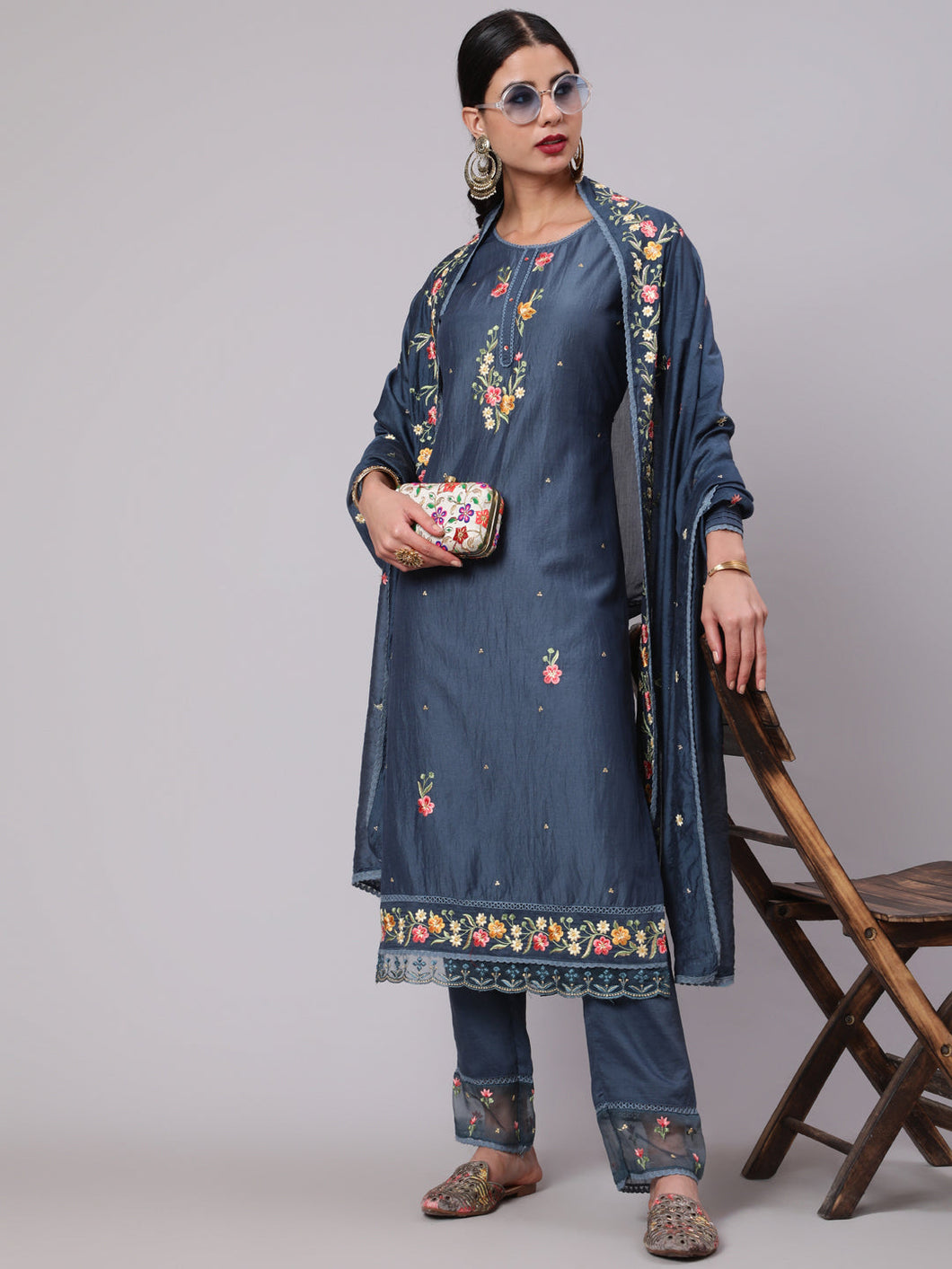 BLUE EMBROIDERED KURTA PANT WITH DUPATTA