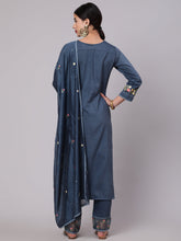 Load image into Gallery viewer, BLUE EMBROIDERED KURTA PANT WITH DUPATTA
