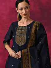 Load image into Gallery viewer, Navy Blue Woven Designed Kurta Palazzo With Dupatta
