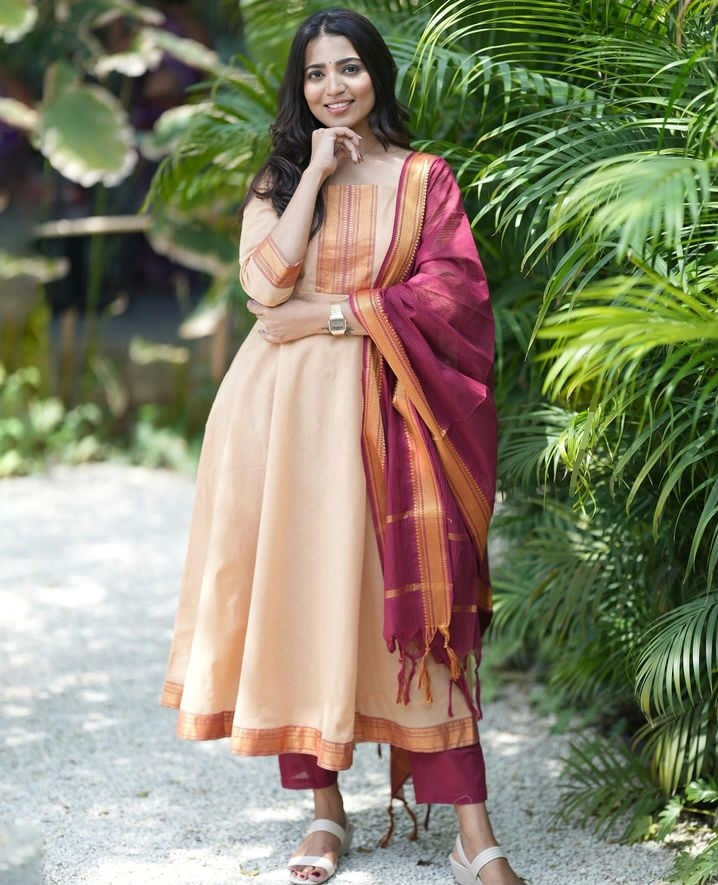 Prebook: Beige and Pink Mangalgiri Cotton Anarkali Pant Set With Dupatta