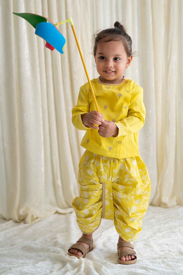 Baby Boy Dhoti Kurta Premium Cotton Set Embroidered- Yellow