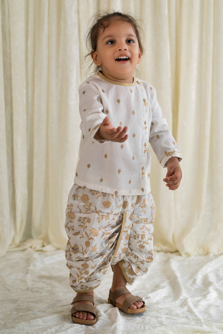 Baby Boy Dhoti Kurta Premium Cotton Set Print Gold- White