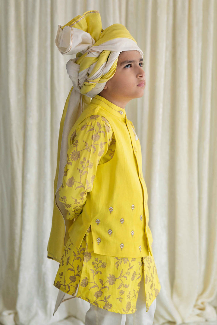 Boys 3Pc Bundi Kurta Set Embroidered- Yellow