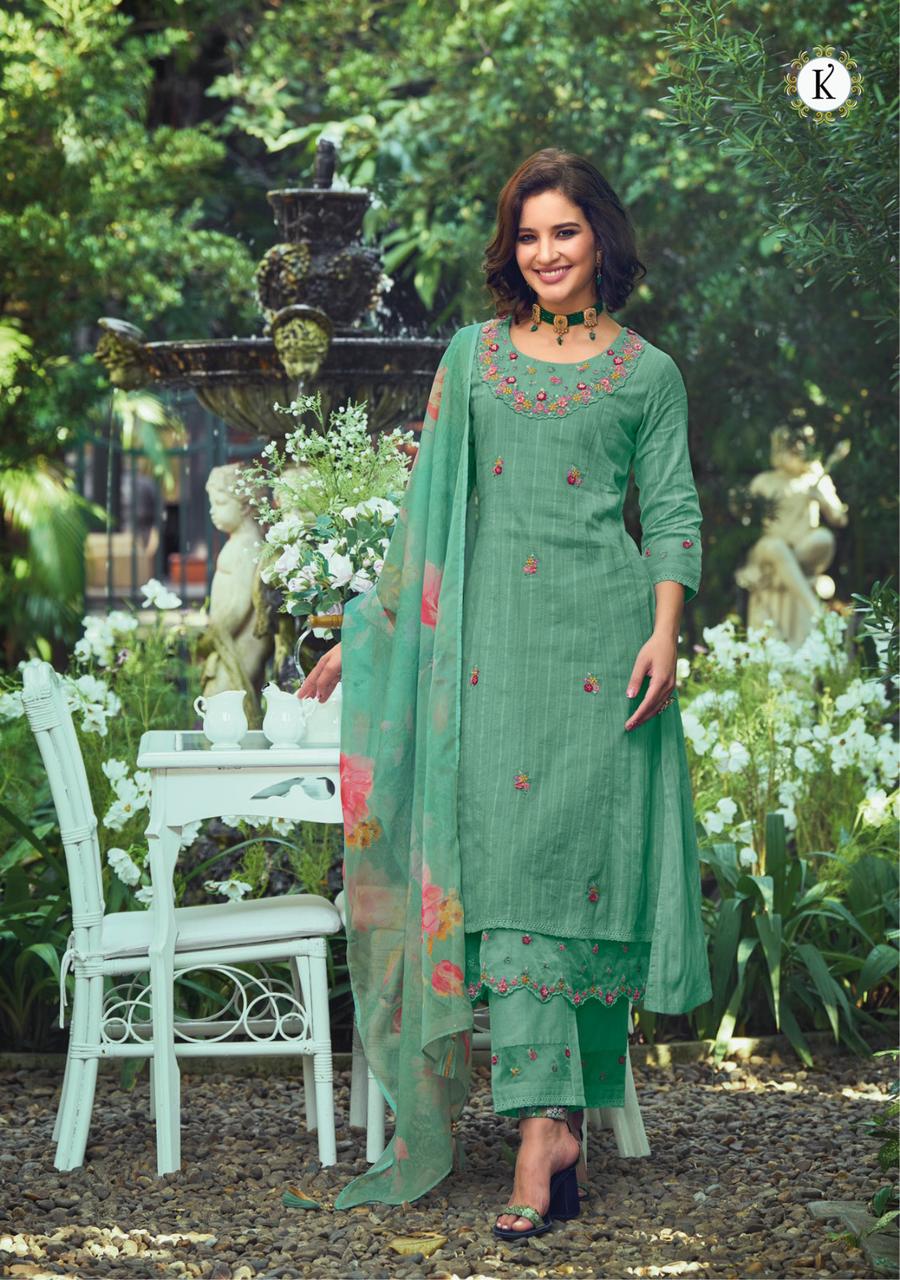 Turqoise Floral Embroidered Cotton Suit Set with Dupatta