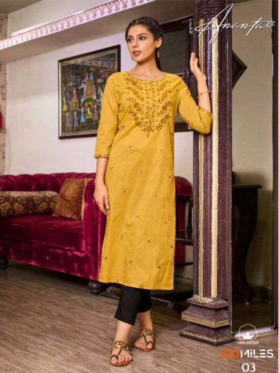 Ananta Cotton Embroidered Straight Kurta- Yellow