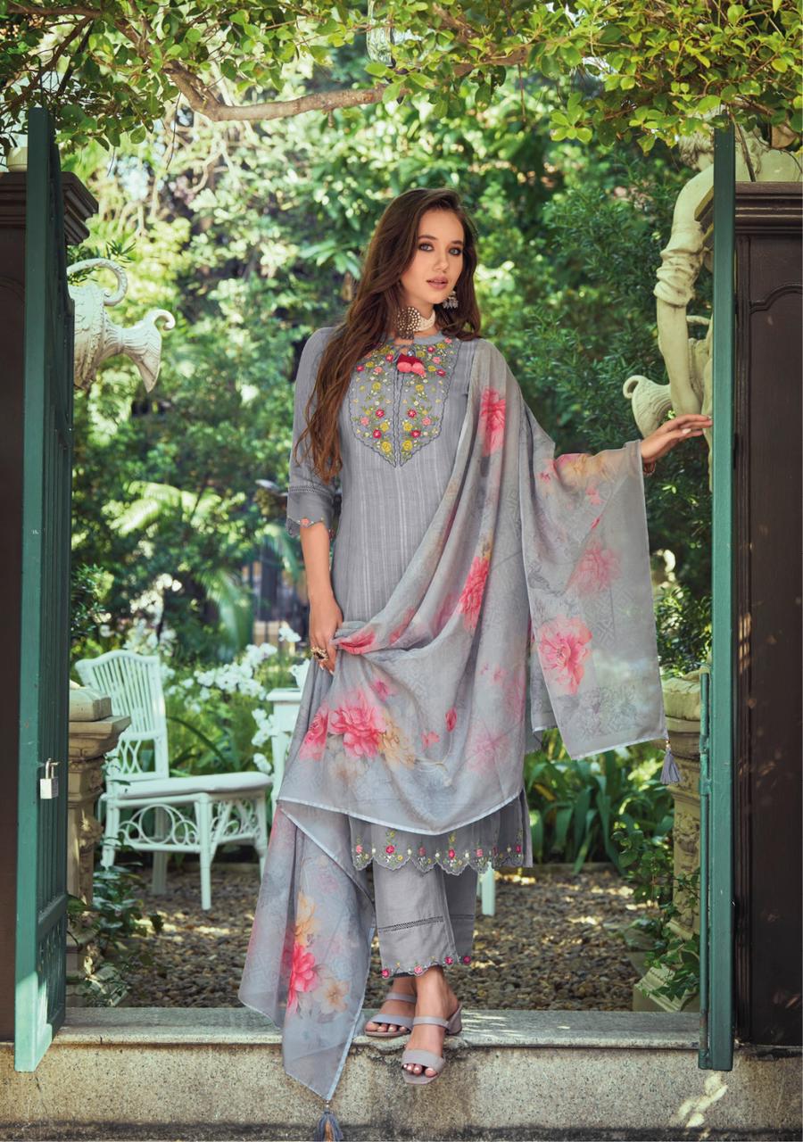 Grey Floral Embroidered Cotton Suit Set with Dupatta