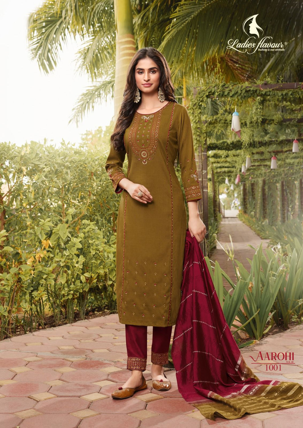 Aarohi Chinnon Suit Set with Dupatta - Olive