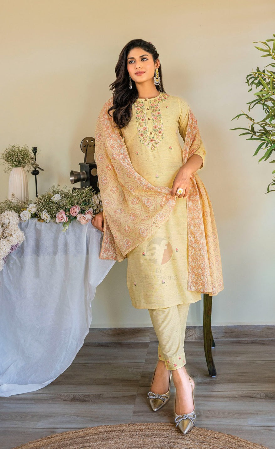 Anju - Yellow Cotton Suit Set with Dupatta