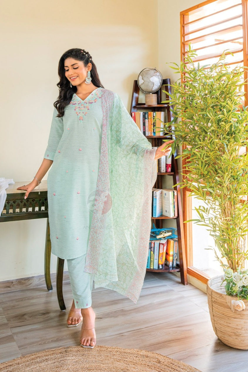 Anju - Light Blue Cotton Suit Set with Dupatta