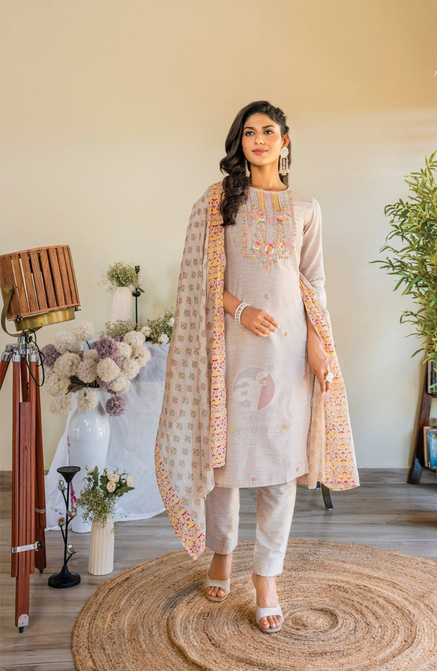 Anju - Grey Cotton Suit Set with Dupatta
