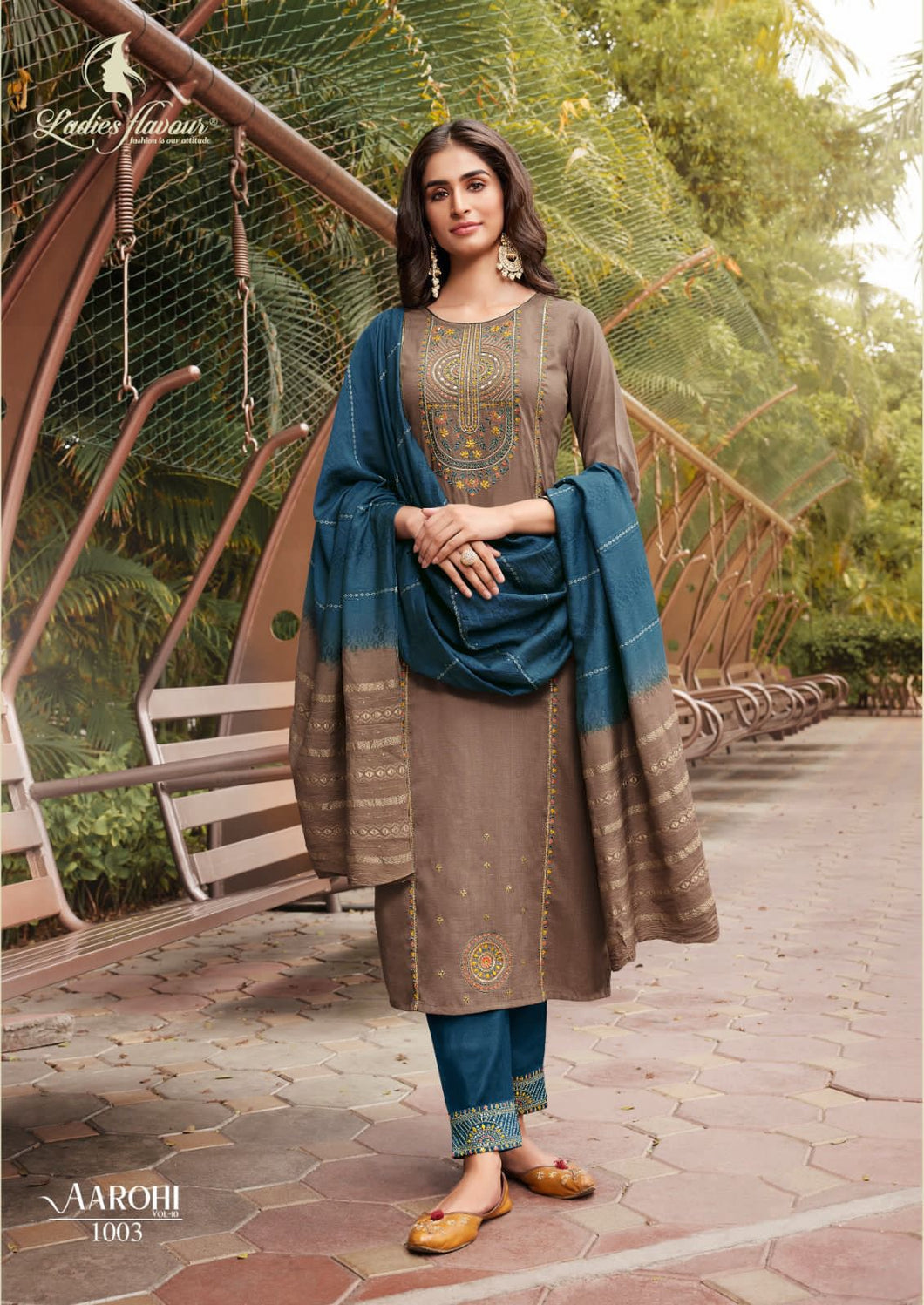 Aarohi Chinnon Suit Set with Dupatta - Grey