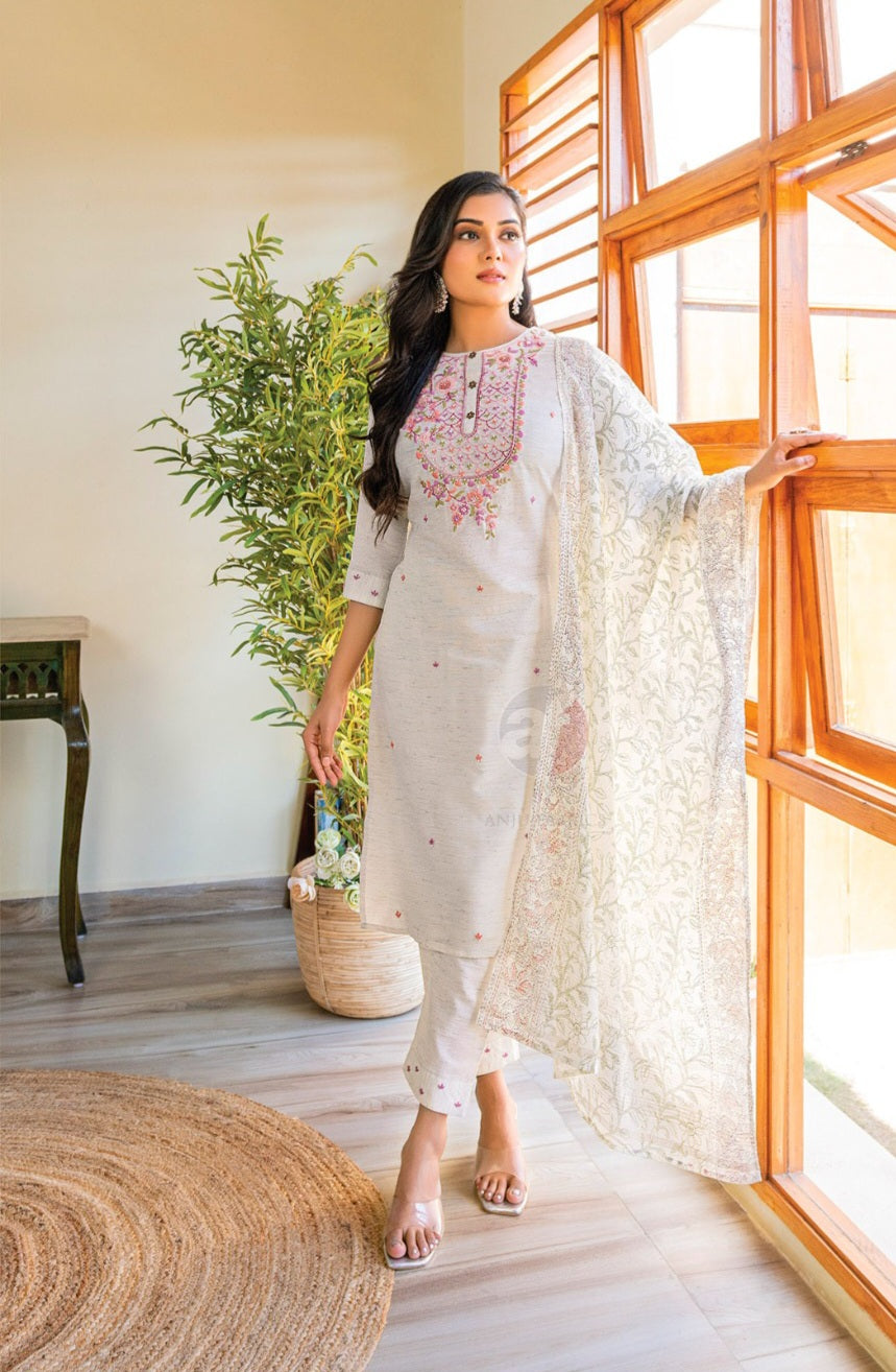 Anju - Off-White Cotton Suit Set with Dupatta