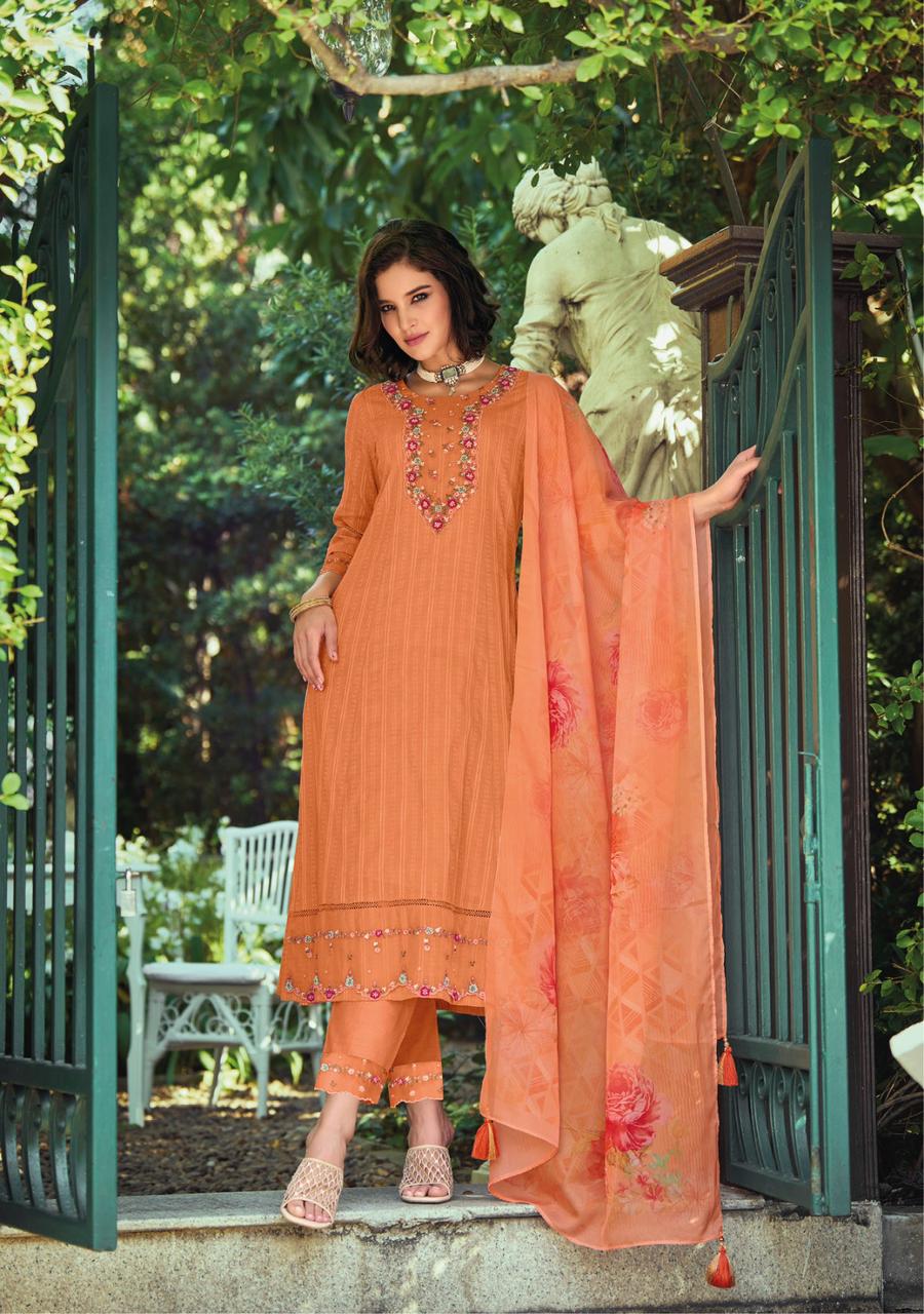 Orange Floral Embroidered Cotton Suit Set with Dupatta