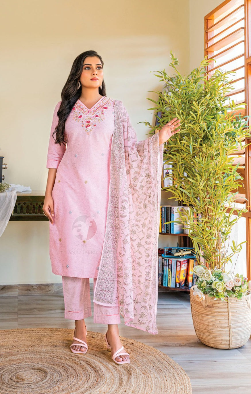 Anju - Mauve Pink Cotton Suit Set with Dupatta