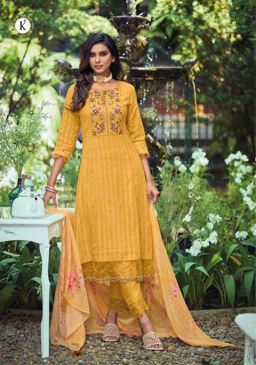 Yellow Floral Embroidered Cotton Suit Set with Dupatta