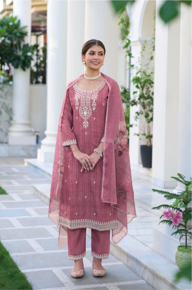 Zaveri - Pink Peach Suit Set with Dupatta