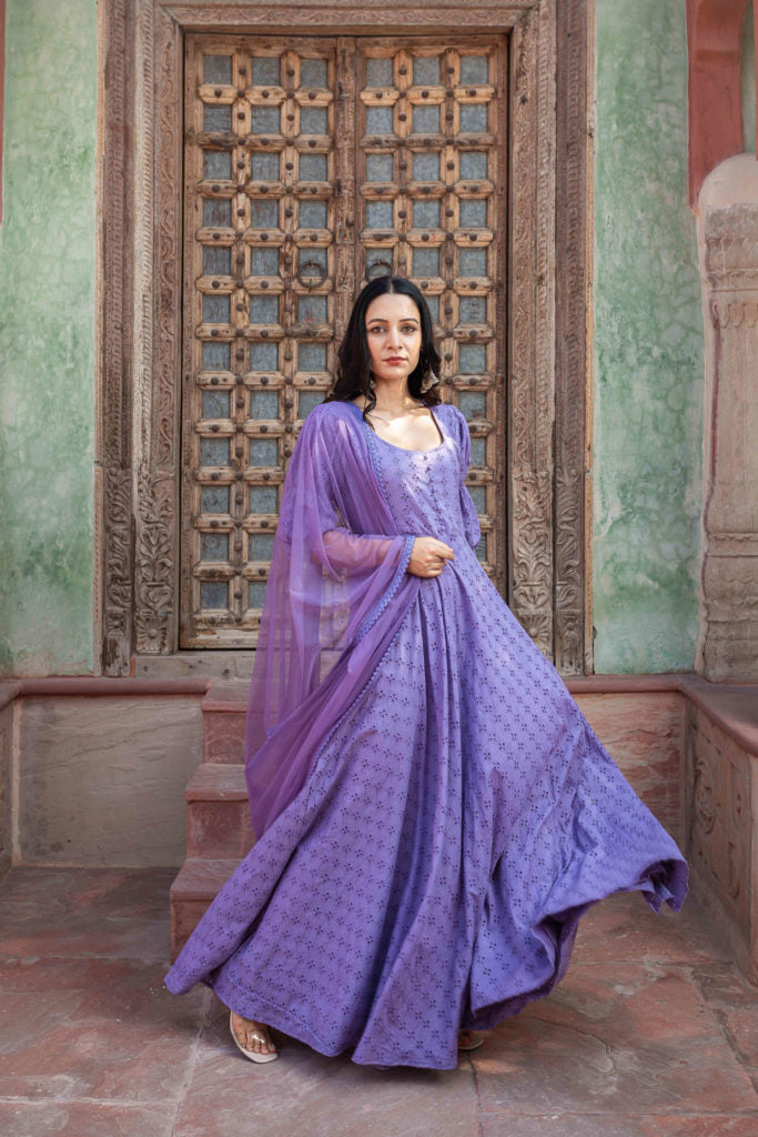 In Stock: Lavender Chikankari Cotton Anarkali Set