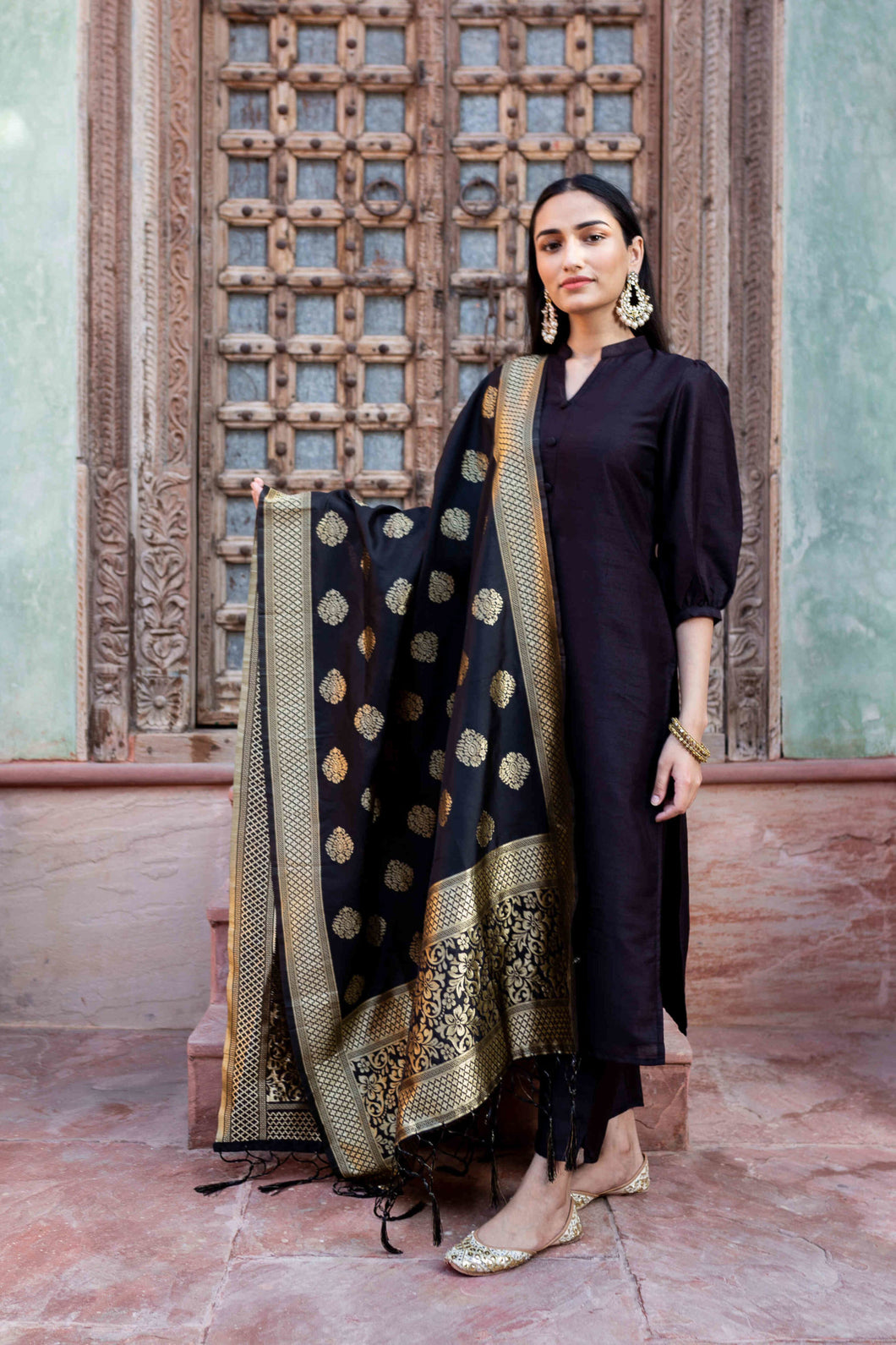 Preorder: Black silk Suit Set with Banarsi Dupatta