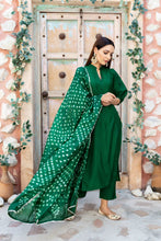 Load image into Gallery viewer, Preorder : Emerald Green silk suit with Bandhej Dupatta
