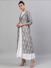 Load image into Gallery viewer, Grey &amp; White Ikat Handloom Woven Design Layered Maxi
